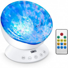 Lampa de veghe cu proiector/sunete Ocean Wave Bambinice, 2 W, alimentare USB, 7 moduri de culori, IP20, Alb