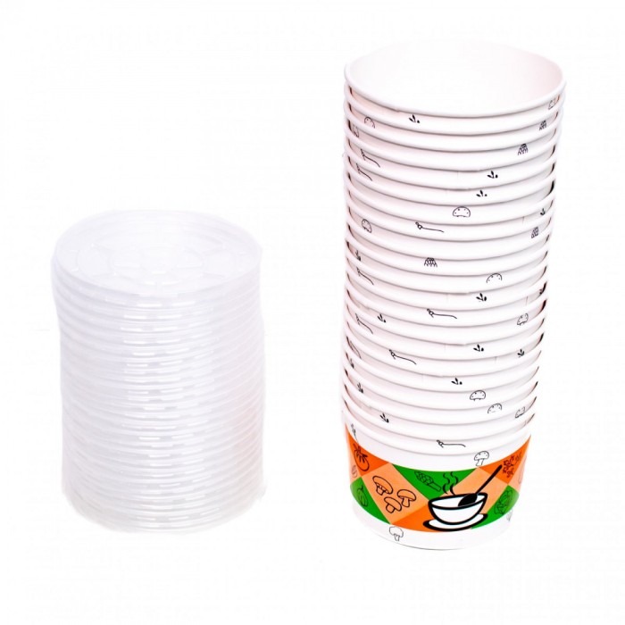 Bol Supa din Carton + Capac, 591ml, 20 oz, Set 100 bucati