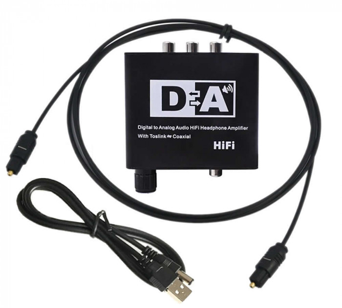 Convertor amplificator audio Hifi Digital la Analog, Active, convertor Coaxial, SPDIF Toslink la RCA si Jack 3.5mm, alimentare 5v, negru