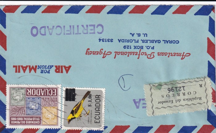 FILATELIE TEMATICA - PLIC ECUADOR TEMATICA PASARI AIRMAIL