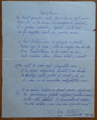 Poezie manuscris Ion Pillat : Manastire , Iasi , sambata 5 august 1917 foto