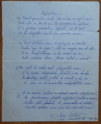 Poezie manuscris Ion Pillat: Manastire, Iasi, sambata 5 august 1917 foto