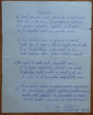 Poezie manuscris Ion Pillat : Manastire , Iasi , sambata 5 august 1917 foto