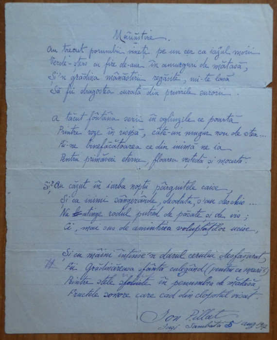 Poezie manuscris Ion Pillat : Manastire , Iasi , sambata 5 august 1917