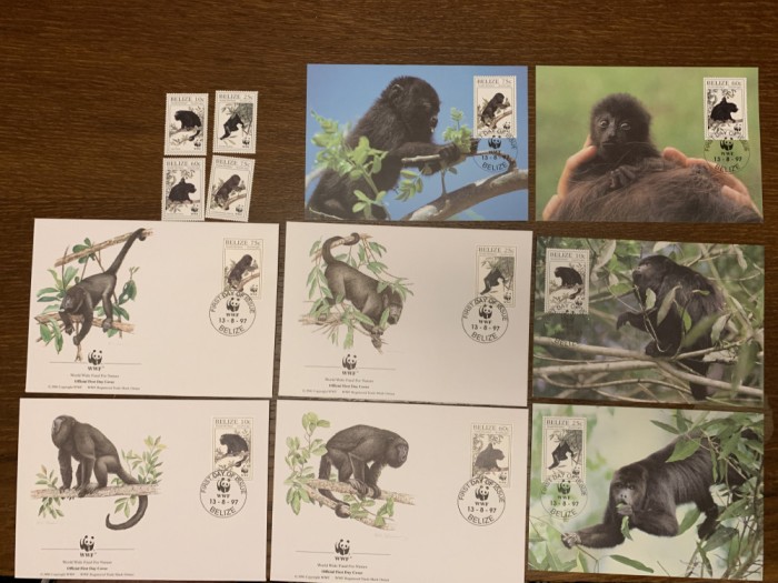 belize - maimute - serie 4 timbre MNH, 4 FDC, 4 maxime, fauna wwf