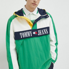 Tommy Jeans geaca barbati, culoarea verde, de tranzitie, oversize