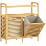 HOMCOM Mobilier pentru Rufe de Baie cu 2 Compartimente Basculante, 82L, Suport pentru Rufe Murdare din Bambus cu Coșuri Detașabile și Lavabile și 2 Ra