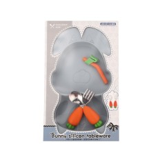 Set diversificare bebelusi ,din silicon,1 farfurie in forma de iepure, lingurita si furculita, pai, perie pai, fara alergeni, bleumarin
