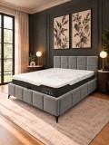 Pat matrimonial Rubik 160x200 cm, tapitat catifea gri, somiera inclusa, design modern
