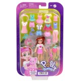 Mini papusa cu animalut si haine de schimb, Polly Pocket, Strawberry Fashion, JCB22