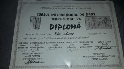 DIPLOMA CURSUL INTERNATIONAL DE DANS TERPSICHORE 96.semnata International,T.GRAT foto