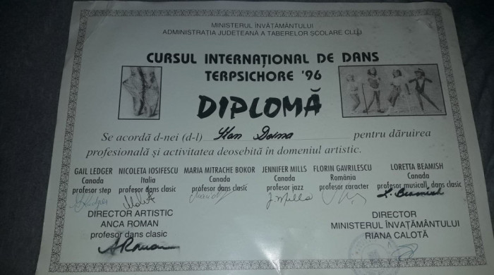 DIPLOMA CURSUL INTERNATIONAL DE DANS TERPSICHORE 96.semnata International,T.GRAT