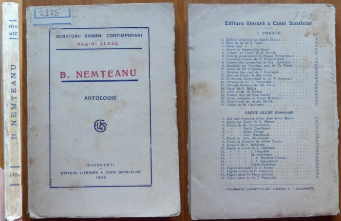 B. Nemteanu , Pagini Alese , Antologie , Poeme , 1926 , prima editie , 1