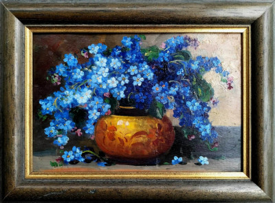 Vas cu flori de Nu-mă-uita, pictură veche, posibil de E. M&amp;uuml;ller-Stăncescu foto