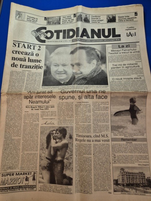ziarul cotidianul 4 ianuarie 1993 - mesajul regelui mihai catre tara