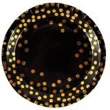 Set 10 farfurii unica folosinta, flippy, imprimeu cu buline, din carton, diametru 23 cm, negru/auriu