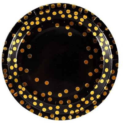 Set 10 farfurii unica folosinta, flippy, imprimeu cu buline, din carton, diametru 23 cm, negru/auriu foto