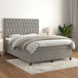 VidaXL Pat box spring cu saltea, gri deschis, 140x200 cm, catifea