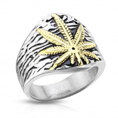 Inel din oțel inoxidabil, frunză de marijuana, culoare argintie - Marime inel: 64