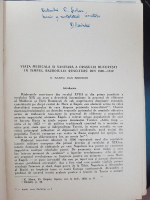 Viata medicala si sanitara a orasului Bucuresti in timpul razboiului ruso-turc din 1806-1812 - G. Barbu, Dan Berindei dedicatie Dan Berindei foto