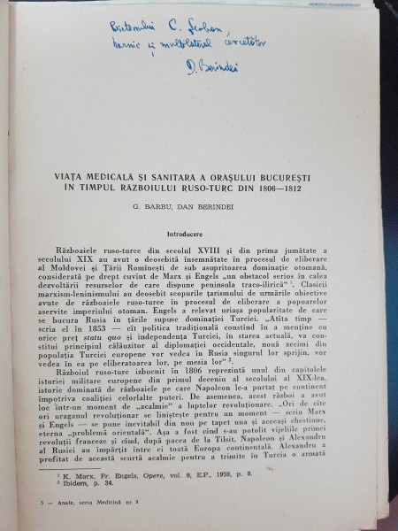 Viata medicala si sanitara a orasului Bucuresti in timpul razboiului ruso-turc din 1806-1812 - G. Barbu, Dan Berindei dedicatie Dan Berindei