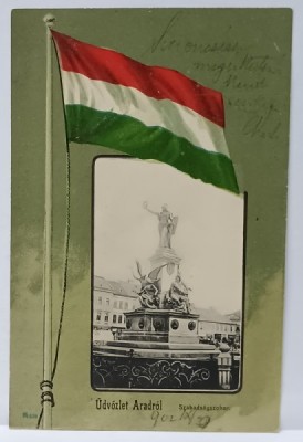 SALUTARI DIN ARAD , STATUIA LIBERTATII IN MEDALION SI STEAGUL UNGARIEI , ALEGORIE , CROMOLITOGRAFIE , CARTE POSTALA , CLASICA , DATATA , 1902 foto