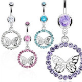 Piercing pentru buric realizat din oțel inoxidabil - inel din zirconiu, fluture de culoare argintie - Culoare zirconiu piercing: Albastru deschis - Q