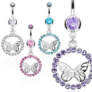 Piercing pentru buric realizat din oțel inoxidabil - inel din zirconiu, fluture de culoare argintie - Culoare zirconiu piercing: Roz - P foto
