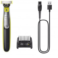 Aparat hibrid de barbierit si tuns barba Philips OneBlade QP2734/20, Acumulator, Pieptene reglabil 5 in 1, Autonomie 60 minute, Wet &amp; Dry