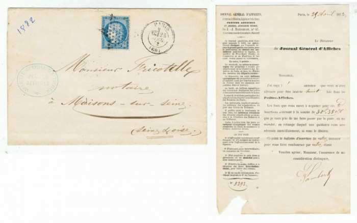 France 1872 Postal History Rare Cover + Content PARIS to SEINE D.845