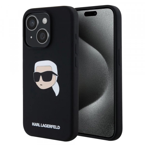 Husa MagSafe pentru Apple iPhone 15, Karl Lagerfeld, Silicone Karl&#039;s Head, Neagra