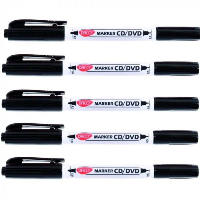 Set 5 Markere CD DACO, Doua Capete de Scriere, Varf 0.5-1 mm, Negre, Marker CD, Marker DVD, Marker Permanent CD, Markere, Marker Negru, Markere Negre,