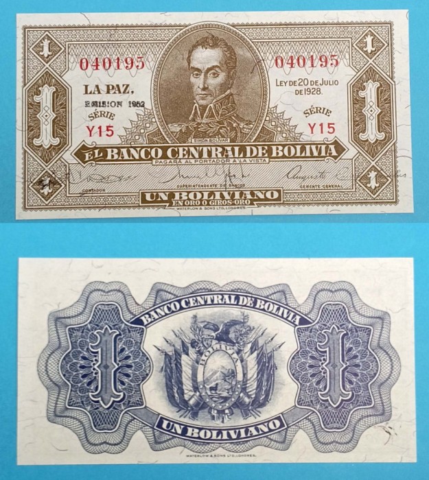 Bolivia 1 Boliviano 1952 &#039;Bolivar&#039; UNC serie: Y15 040195 p128
