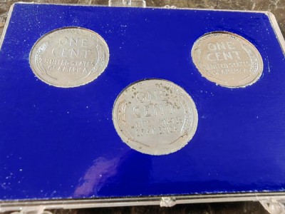 Set 3 monezi extrem de rar, One Cent 1943 steel Wartime Emergency Issue, toate cele 3 variante, 2 foarte rare P. S. si D foto