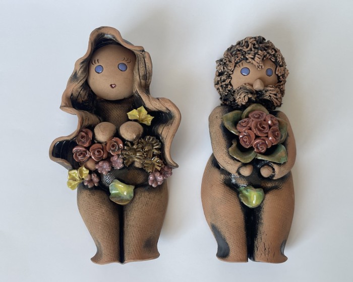 Figurine din ceramică glazurată, femeie și bărbat, atelier scandinav, datat 93