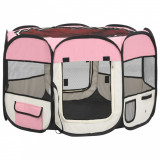 Țarc joacă pliabil c&acirc;ini cu sac de transport roz 90x90x58 cm