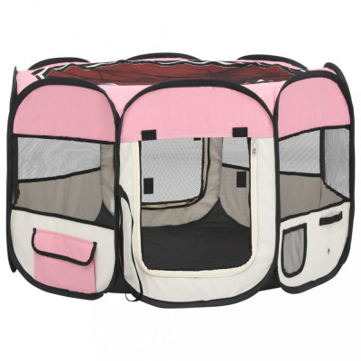 Țarc joacă pliabil c&amp;acirc;ini cu sac de transport roz 90x90x58 cm foto