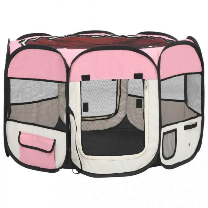 Țarc joacă pliabil c&acirc;ini cu sac de transport roz 90x90x58 cm