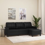 VidaXL Canapea cu 3 locuri și taburet, negru, 180 cm, piele ecologică