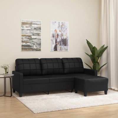 vidaXL Canapea cu 3 locuri și taburet, negru, 180 cm, piele ecologică foto