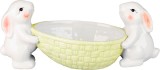 Decor ceramic cu iepurasi si bol pentru oua, alb, 12x26,5x11 cm