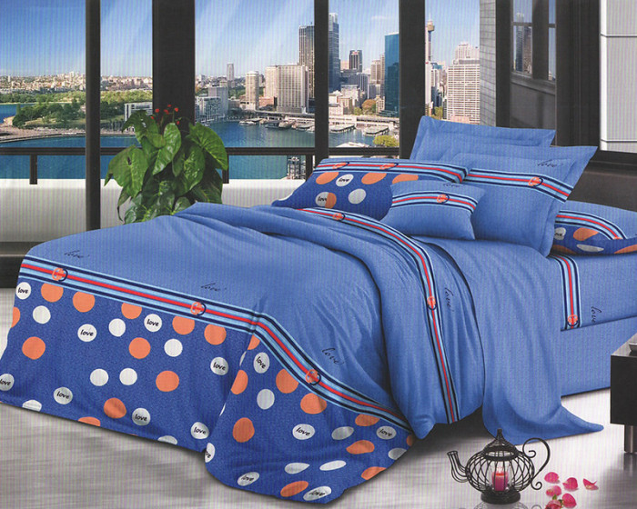 Lenjerie de pat pentru o persoana cu husa elastic pat si 2 fete perna dreptunghiulara, Meta, bumbac mercerizat, multicolor