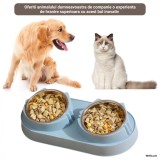 Bol Dublu pentru Caini si Pisici WellLuck&reg;, Recipiente Metalice Detasabile, Material Plastic si Bol Inox, Rezistent, Albastru
