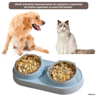Bol Dublu pentru Caini si Pisici WellLuck&amp;reg;, Recipiente Metalice Detasabile, Material Plastic si Bol Inox, Rezistent, Albastru foto