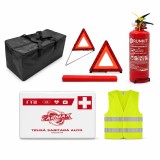 Kit siguranta auto complet omologat RAR Trusa medicala 2x Triunghiuri Stingator 1kg Vesta + Geanta depozitare