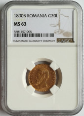 Moneda aur 20 lei 1890, Carol I, gradata NGC MS63 foto