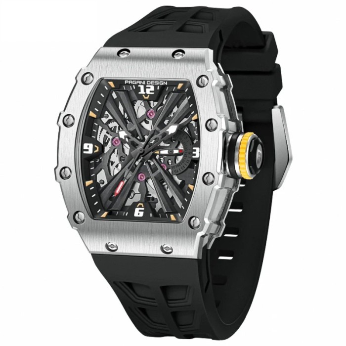 PAGANI DESIGN PD-1738 Ceas Barbati Skeleton Quartz 2025 Safir, Curea Silicon, Rezistent 100m, Luxury