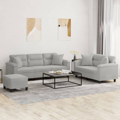 vidaXL Set de canapele cu perne, 3 piese, gri deschis, microfibră 3202357 foto