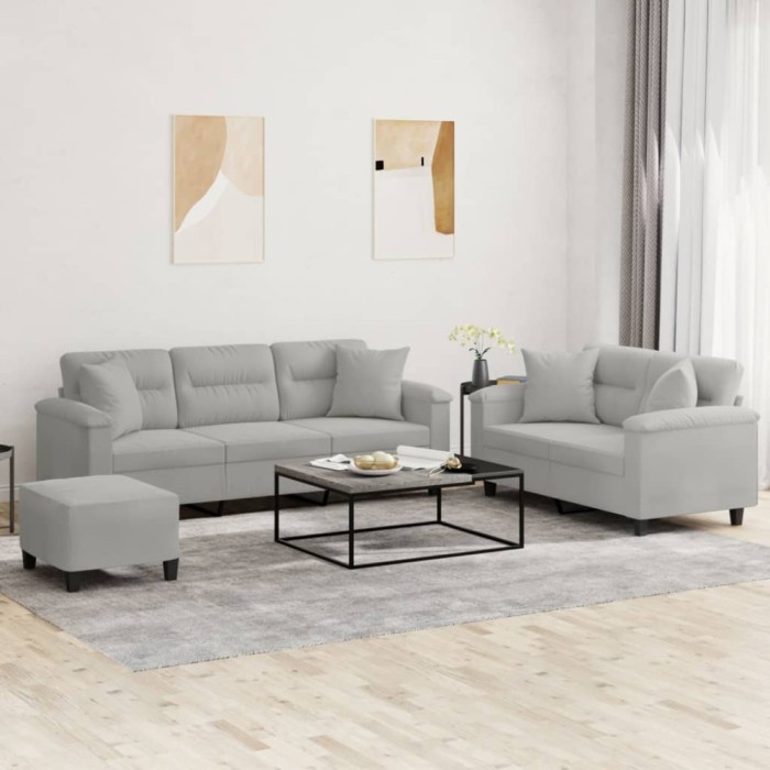 vidaXL Set de canapele cu perne, 3 piese, gri deschis, microfibră 3202357