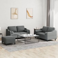 vidaXL Set de canapele cu perne, 3 piese, gri inchis, textil foto